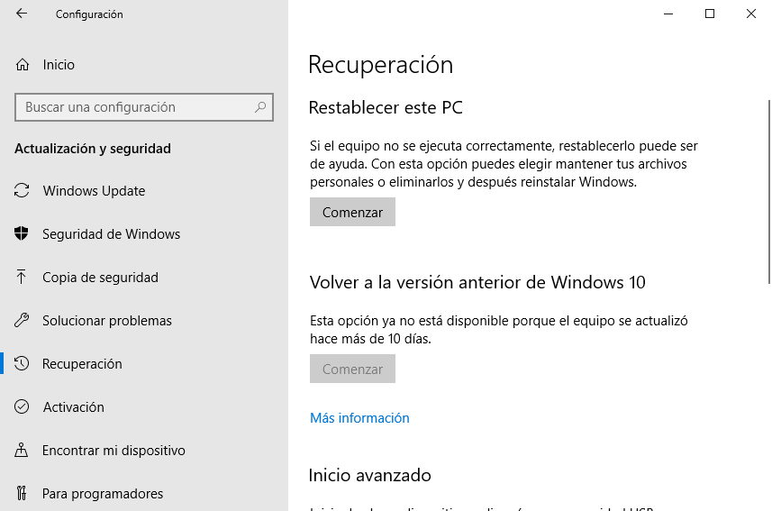 Restablecer este PC en Windows 10