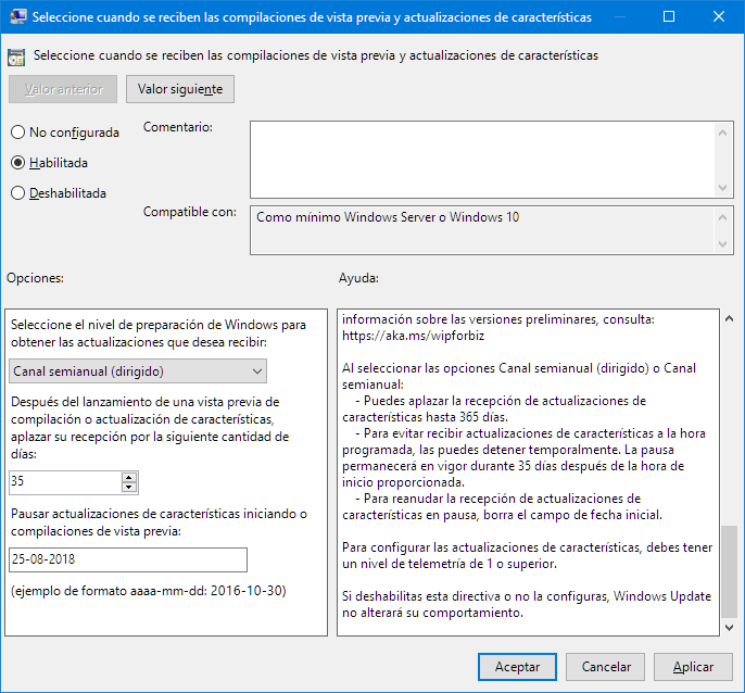 Pausar actualizaciones de funciones en Windows 10