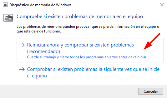 Reiniciar para comprobar problemas con la memoria RAM en Windows 10